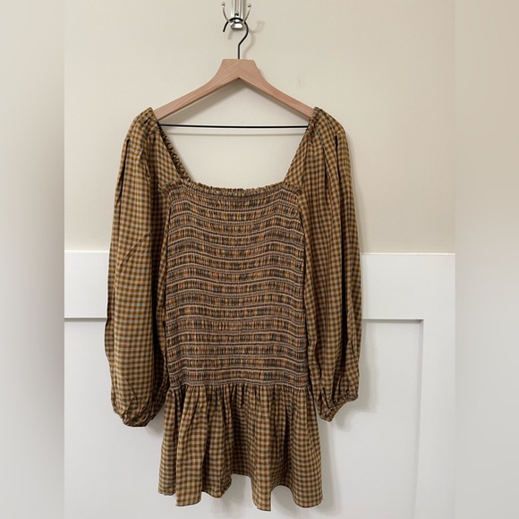 Urban Outfitters Cognac Brown Francis Plaid Puff Sleeve Mini Dress Size Medium - Picture 3 of 11